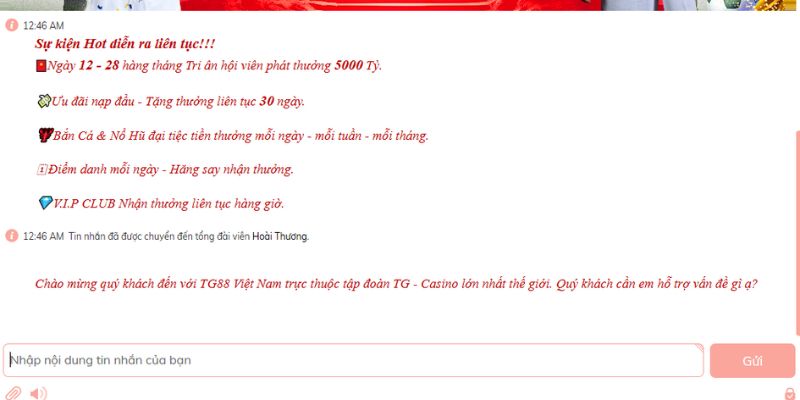 Form chatbox khi liên hệ TG88